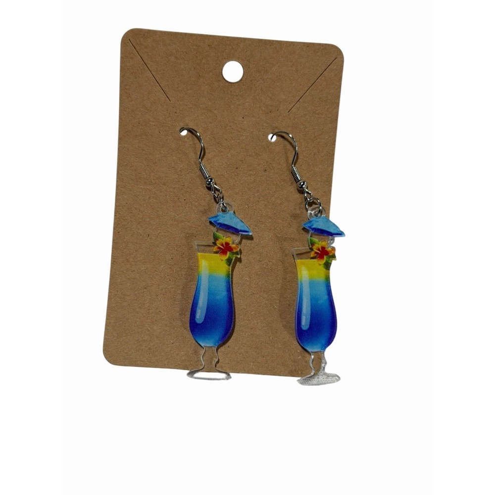 Blue Tropical Cocktail Drink Acrylic Dangle Earrings Summer Beach Vacation Fun‎